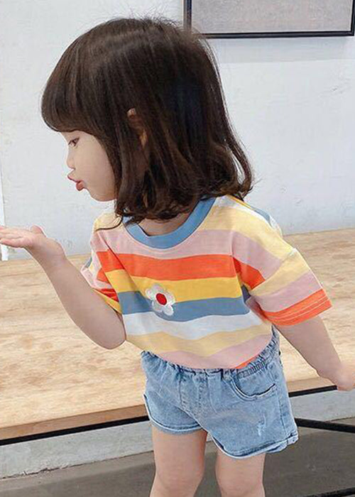 Cozy Rainbow Striped O Neck Cotton Girls T Shirt Summer