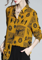 Cozy Yellow Peter Pan Collar Print Silk Shirt Top Spring