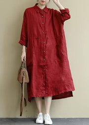 Red Linen Shirt Dress Casual Oversize Spring Maxi Dresses - bagstylebliss