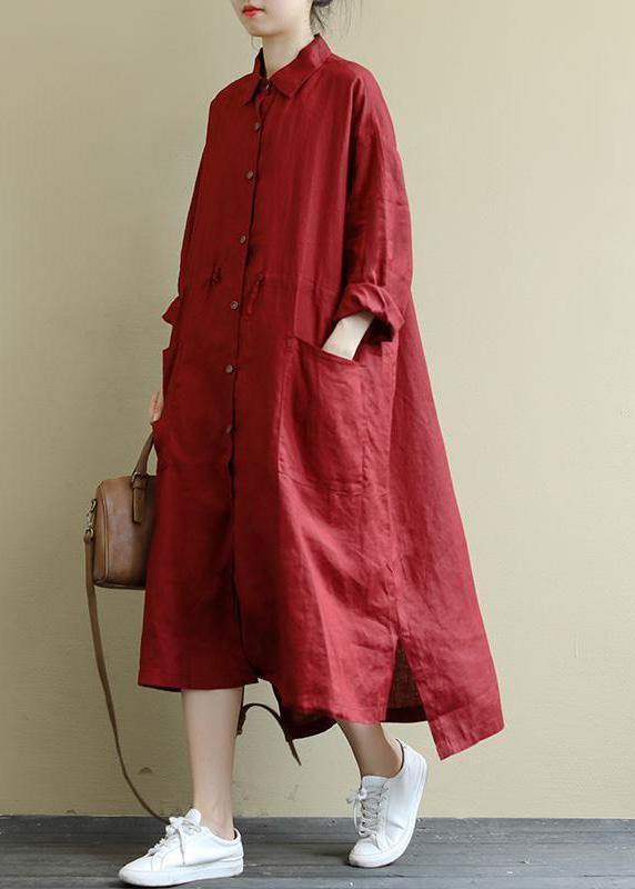 Red Linen Shirt Dress Casual Oversize Spring Maxi Dresses - bagstylebliss