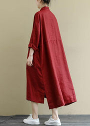 Red Linen Shirt Dress Casual Oversize Spring Maxi Dresses - bagstylebliss