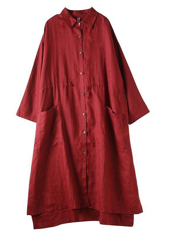 Red Linen Shirt Dress Casual Oversize Spring Maxi Dresses - bagstylebliss