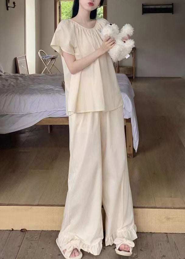 Cute Apricot O Neck Cotton Two Pieces Set Pajamas Summer