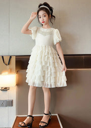 Cute Apricot O-Neck Patchwork Girls Chiffon Layered Long Dress Short Sleeve