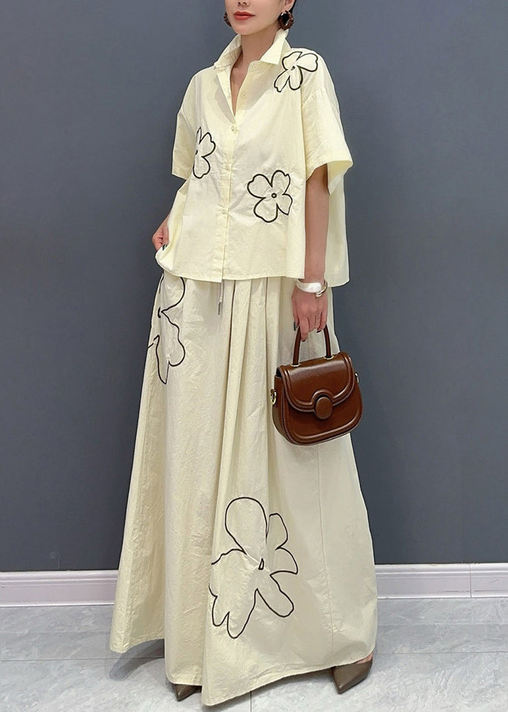 Cute Apricot Peter Pan Collar Button Shirts And Maxi Skirts Two Piece Set Summer