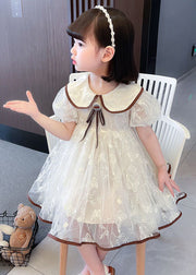 Cute Apricot Peter Pan Collar Wrinkled Patchwork Tulle Baby Girls Dresses Summer