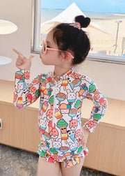 Cute Apricot Print Zippered Girls One Piece Swimsuit Summer