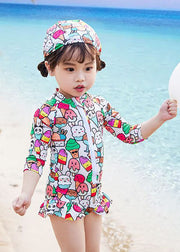 Cute Apricot Print Zippered Girls One Piece Swimsuit Summer