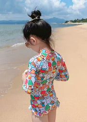 Cute Apricot Print Zippered Girls One Piece Swimsuit Summer