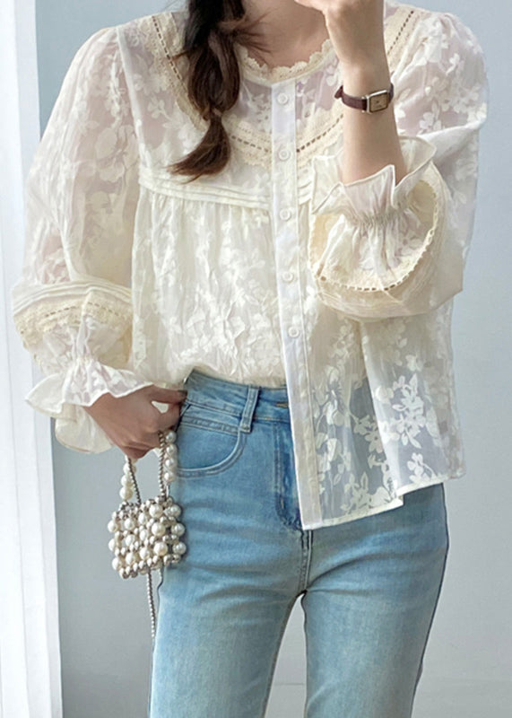 Cute Apricot Ruffled Patchwork Button Shirts Spring