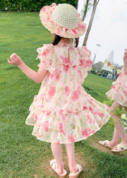 Cute Apricot Stand Collar Print Tulle Girls Mid Dress Summer