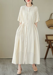 Cute Apricot Tie Waist Long Dress Short Sleeve