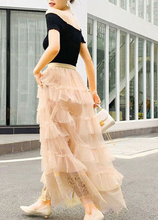 Cute Apricot Wrinkled Lace Patchwork Tulle Skirts Spring