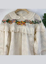 Cute Beige Embroideried Ruffled Patchwork Cotton Shirt Long Sleeve