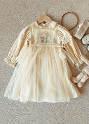 Cute Beige Lace Up Tulle Patchwork Girls Dresses Long Sleeve