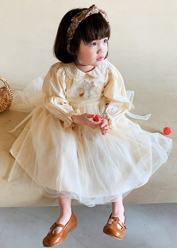 Cute Beige Lace Up Tulle Patchwork Girls Dresses Long Sleeve