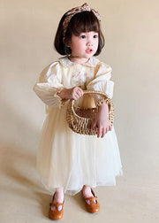 Cute Beige Lace Up Tulle Patchwork Girls Dresses Long Sleeve