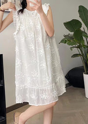 Cute Beige O-Neck Embroidered Floral Silk Cotton Mid Dress Summer