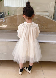 Cute Beige Peter Pan Collar Tulle Patchwork Cotton Girls Dresses Fall