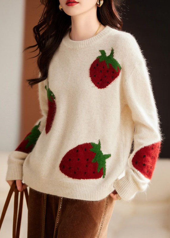 Cute Beige Strawberry Print Cozy Cotton Knit Sweater Long Sleeve