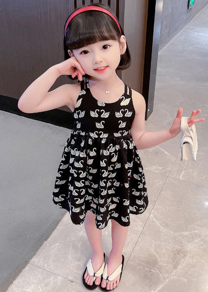 Cute Black Animal Print Patchwork Cotton Girls Slip Long Dress Summer