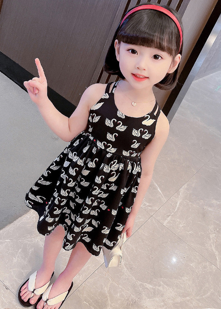 Cute Black Animal Print Patchwork Cotton Girls Slip Long Dress Summer