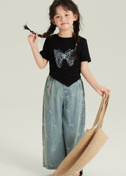 Cute Black Asymmetrical Butterfly Print Girls Top And Crop Pants Two Pieces Set Short Sleeve