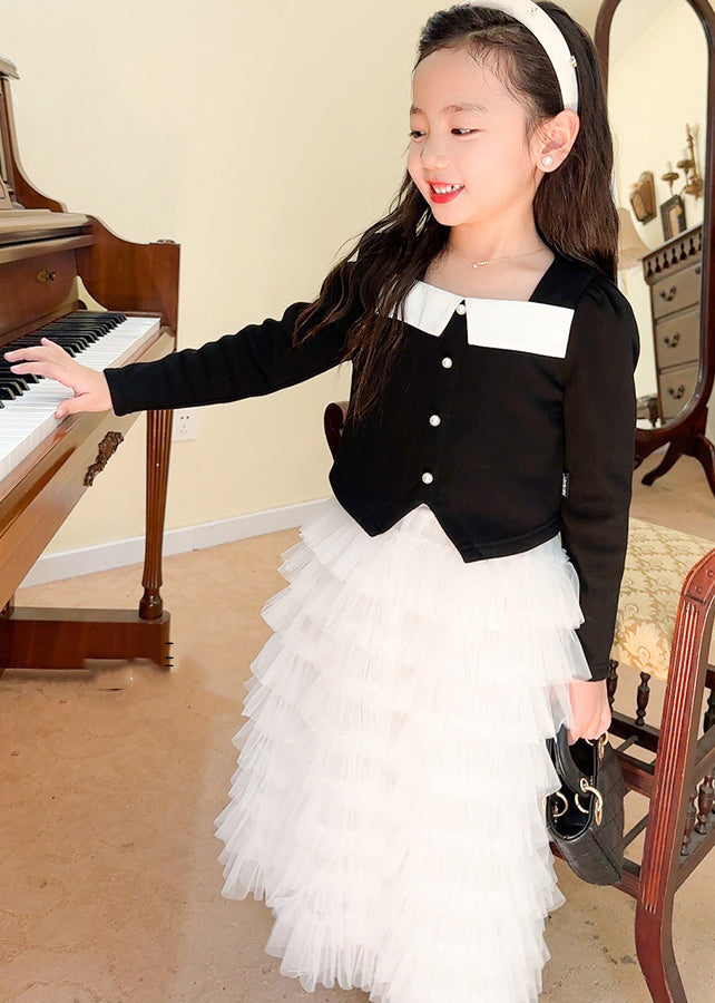 Cute Black Cotton Tops And Tulle Skirts Baby Girls Two Pieces Set Fall