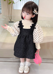 Cute Black Dot Patchwork False Two Pieces Cotton Girls Dresses Lantern Sleeve