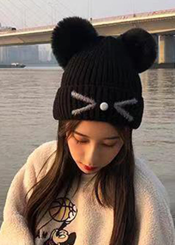 Cute Black Ear Warm Fleece Cotton Knit Bonnie Hat