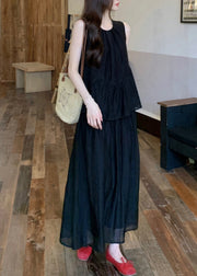 Cute Black O-Neck Patchwork Fake Two Pieces Silk Cotton Maxi Dress Sleeveless