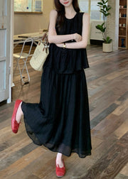 Cute Black O-Neck Patchwork Fake Two Pieces Silk Cotton Maxi Dress Sleeveless