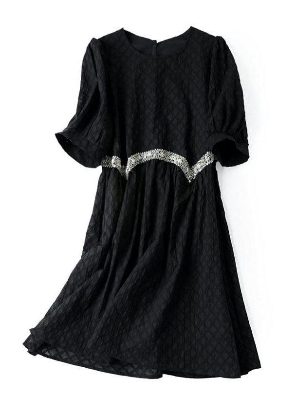 Cute Black O Neck Zircon Patchwork Cotton Dresses Summer