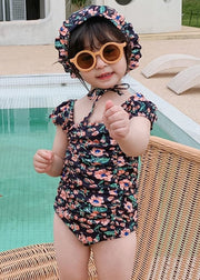 Cute Black Print Girls One Piece Swimsuit And Hat Two Pieces Set Summer