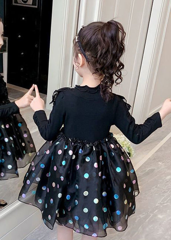 Cute Black Print Ruffled Tulle Patchwork Cotton Baby Girls Dress Fall