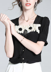 Cute Black Square Collar Patchwork Silk Top Summer