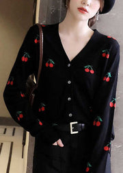 Cute Black V Neck Embroideried Button Woolen Knit Cardigan Long Sleeve