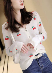 Cute Black V Neck Embroideried Button Woolen Knit Cardigan Long Sleeve