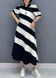 Cute Black White Striped Peter Pan Collar Patchwork Long Dress Short Sleeve