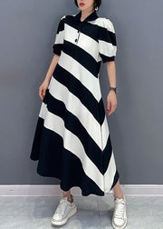 Cute Black White Striped Peter Pan Collar Patchwork Long Dress Short Sleeve