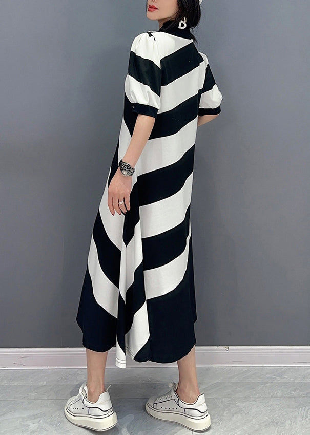 Cute Black White Striped Peter Pan Collar Patchwork Long Dress Short Sleeve