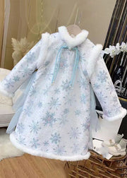 Cute Blue Fur Collar Bow Tulle Patchwork Warm Fleece Girls Long Dress Winter