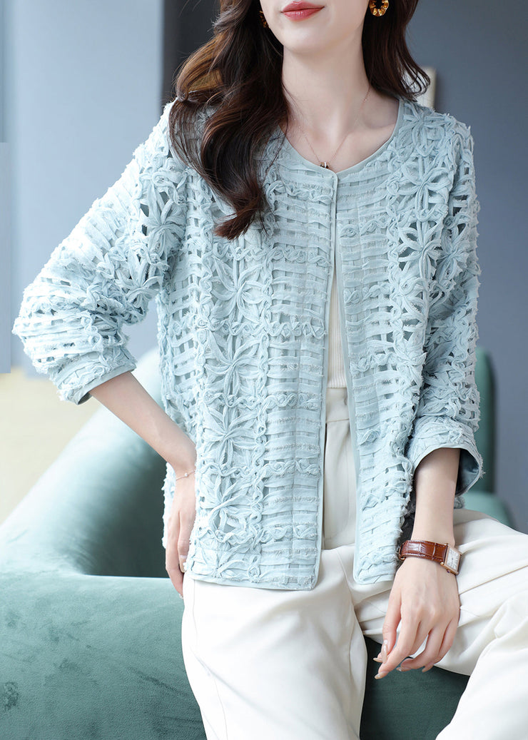 Cute Blue Lace Patchwork Floral Hollow Out Cardigans Long Sleeve