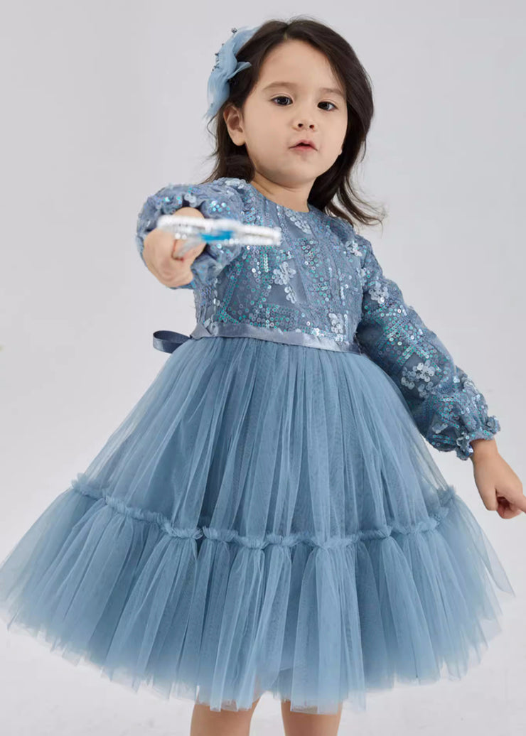 Cute Blue O-Neck Sequins Tie Waist Tulle Girls Maxi Dresses Fall