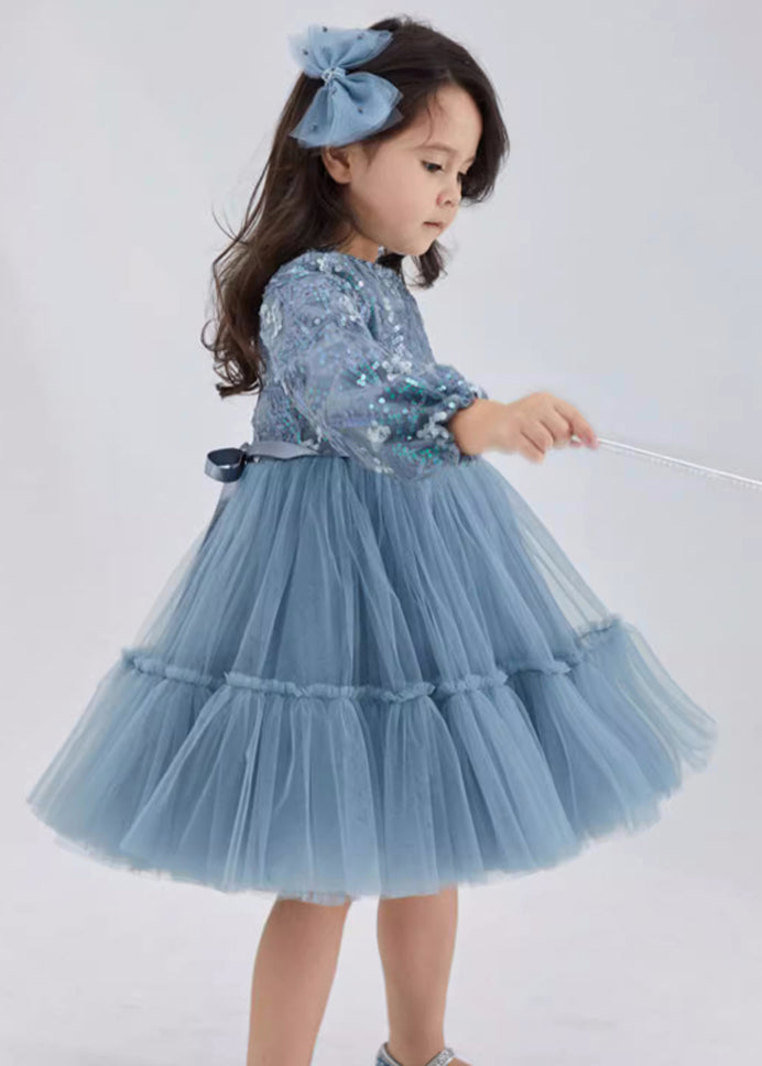 Cute Blue O-Neck Sequins Tie Waist Tulle Girls Maxi Dresses Fall