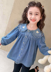 Cute Blue Peter Pan Button Collar Girls Shirt Long Sleeve