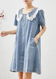 Cute Blue Peter Pan Collar Nail Bead Denim Vacation Dress Summer