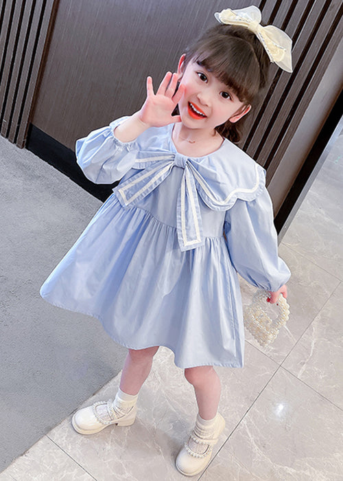 Cute Blue Peter Pan Collar Solid Cotton Girls Dress Long Sleeve