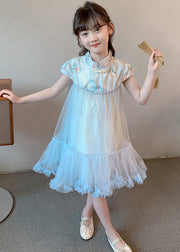 Cute Blue Print Patchwork Tassel Tulle Kids Long Dresses Summer