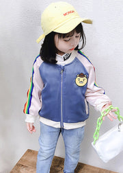 Cute Blue Zip Up Pockets Patchwork Cotton Kids Girls Coat Outwear Fall